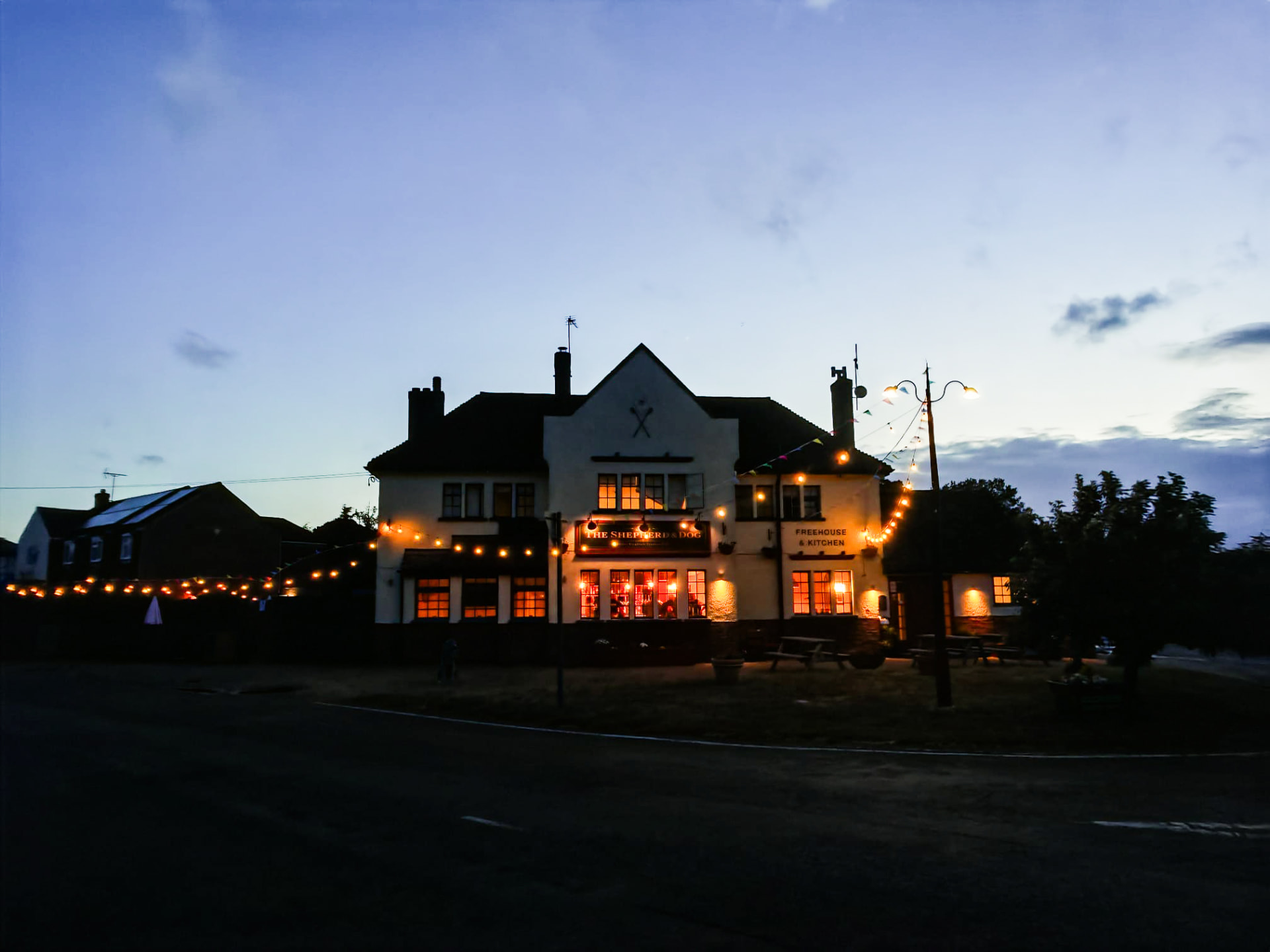 The Shepherd & Dog exterior at dusk